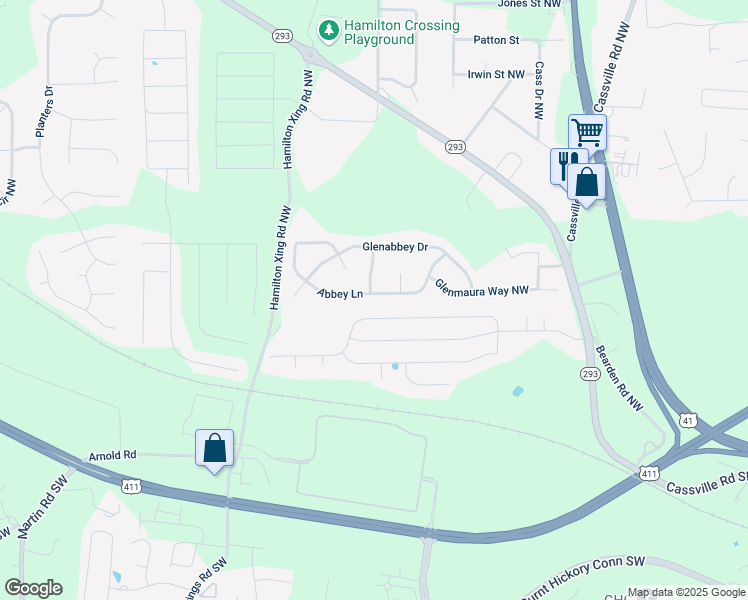 map of restaurants, bars, coffee shops, grocery stores, and more near 31 Abbey Lane in Cartersville