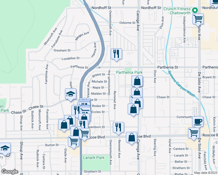 map of restaurants, bars, coffee shops, grocery stores, and more near 8536 Owensmouth Avenue in Los Angeles
