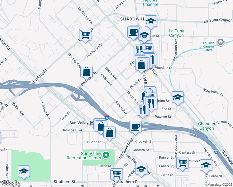 map of restaurants, bars, coffee shops, grocery stores, and more near 8617 Lehigh Avenue in Los Angeles