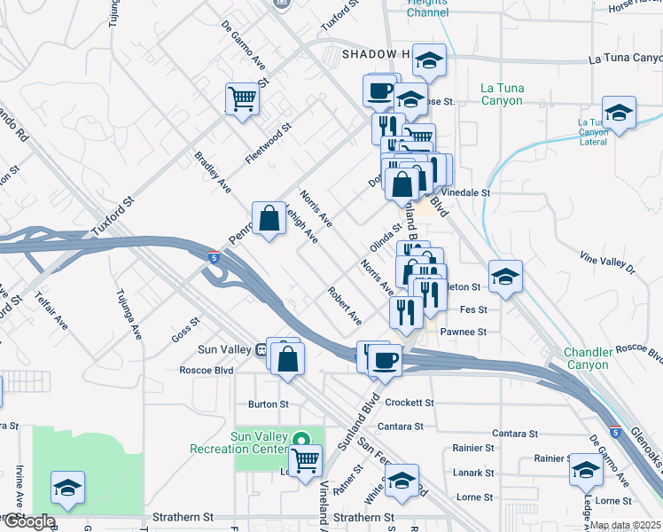 map of restaurants, bars, coffee shops, grocery stores, and more near 8617 Lehigh Avenue in Los Angeles