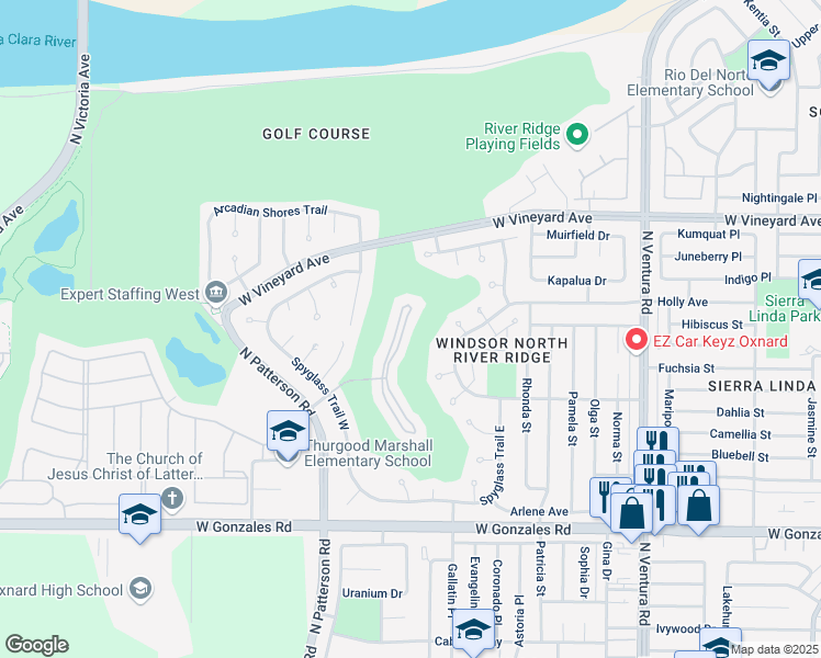 map of restaurants, bars, coffee shops, grocery stores, and more near 2234 Bermuda Dunes Place in Oxnard
