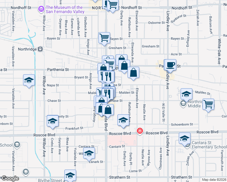 map of restaurants, bars, coffee shops, grocery stores, and more near 18417 Malden Street in Los Angeles