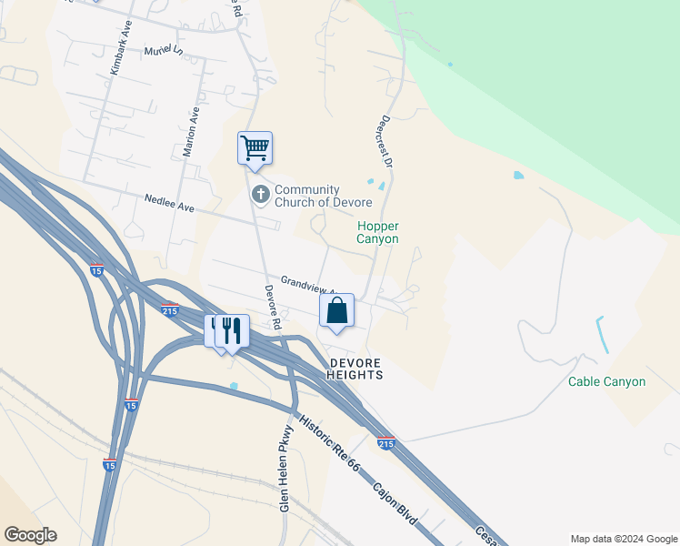 map of restaurants, bars, coffee shops, grocery stores, and more near 18526 Grandview Avenue in San Bernardino