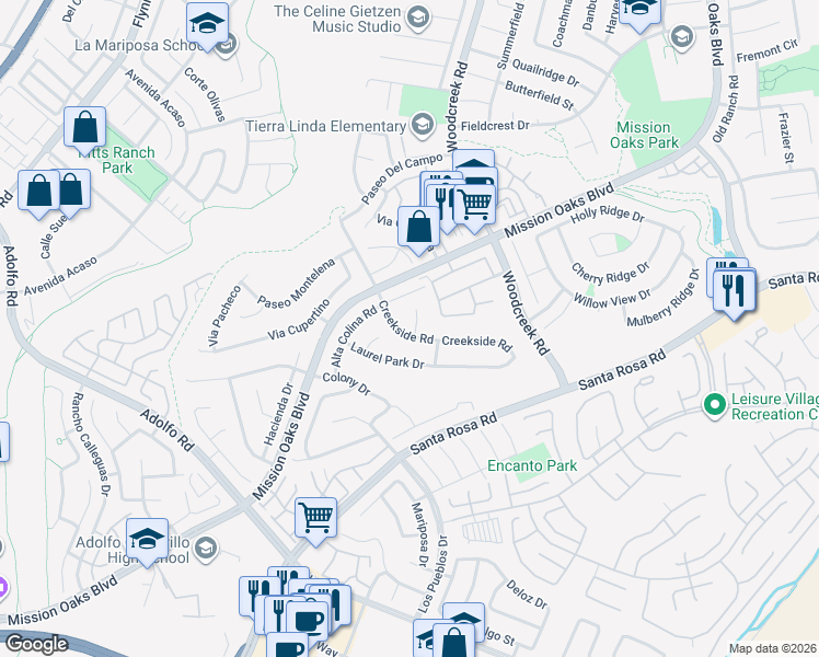 map of restaurants, bars, coffee shops, grocery stores, and more near 5099 Creekside Road in Camarillo