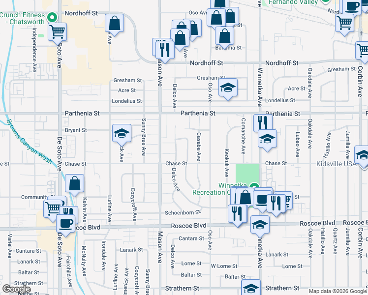 map of restaurants, bars, coffee shops, grocery stores, and more near 8537 Fullbright Avenue in Los Angeles