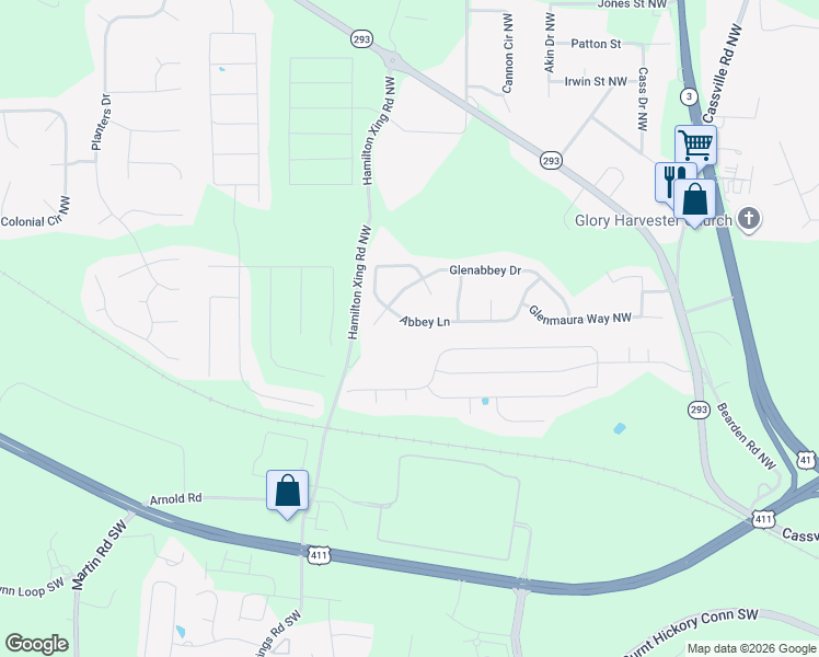 map of restaurants, bars, coffee shops, grocery stores, and more near 43 Abbey Lane in Cartersville