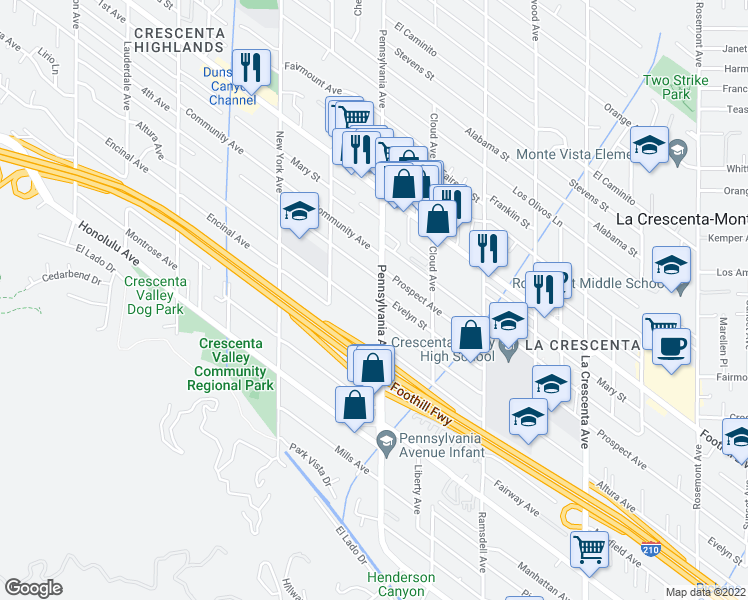 map of restaurants, bars, coffee shops, grocery stores, and more near 3219 Altura Avenue in Glendale