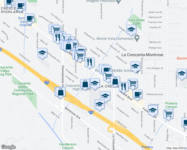 map of restaurants, bars, coffee shops, grocery stores, and more near 2941 Mary Street in La Crescenta-Montrose