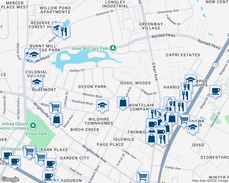 map of restaurants, bars, coffee shops, grocery stores, and more near 3805 Winston Boulevard in Wilmington