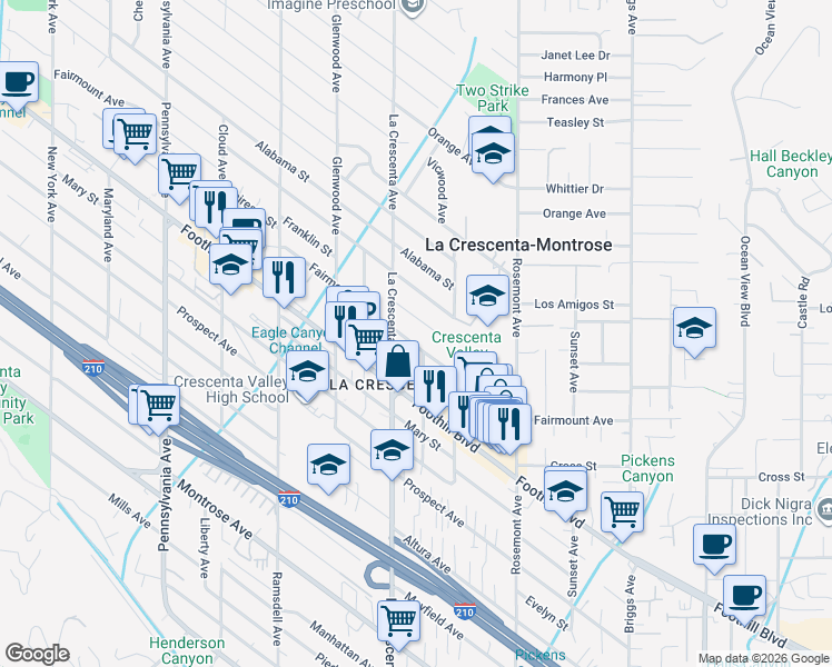 map of restaurants, bars, coffee shops, grocery stores, and more near 2751 Fairmount Avenue in La Crescenta-Montrose