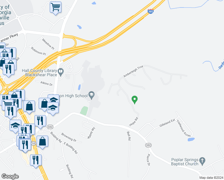 map of restaurants, bars, coffee shops, grocery stores, and more near 3629 Wood Point Way in Gainesville