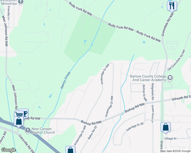 map of restaurants, bars, coffee shops, grocery stores, and more near 54 Country Meadow Way in Cartersville