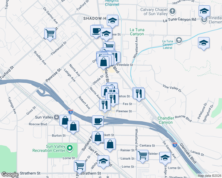 map of restaurants, bars, coffee shops, grocery stores, and more near 8517 Terhune Avenue in Los Angeles