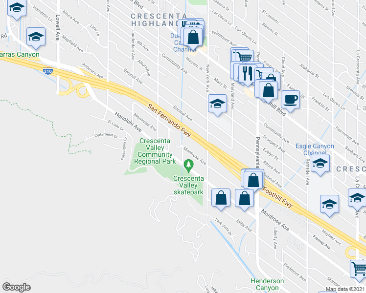 map of restaurants, bars, coffee shops, grocery stores, and more near Montrose Avenue & Frederick Avenue in Glendale