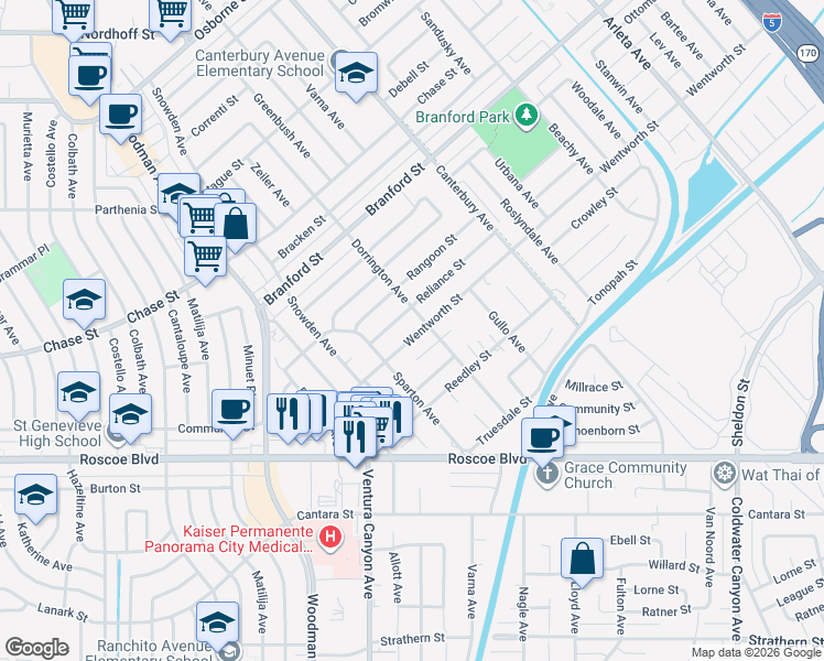 map of restaurants, bars, coffee shops, grocery stores, and more near 13515 Wentworth Street in Los Angeles