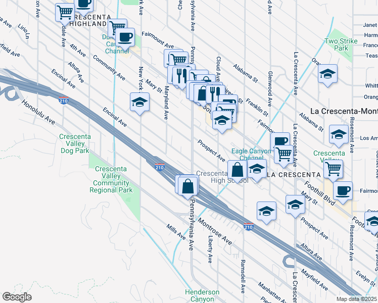 map of restaurants, bars, coffee shops, grocery stores, and more near 3219 Altura Avenue in Glendale