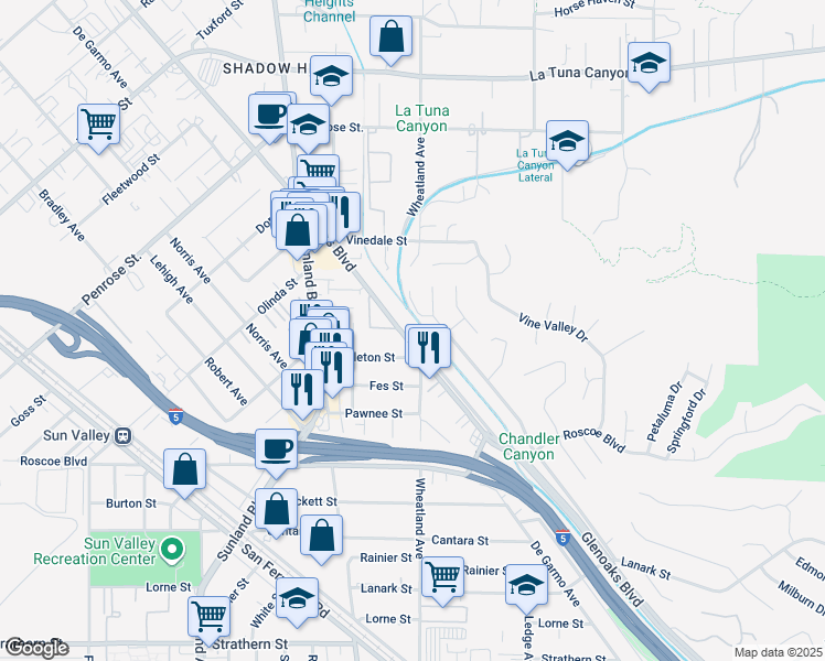 map of restaurants, bars, coffee shops, grocery stores, and more near Glenoaks Boulevard in Los Angeles