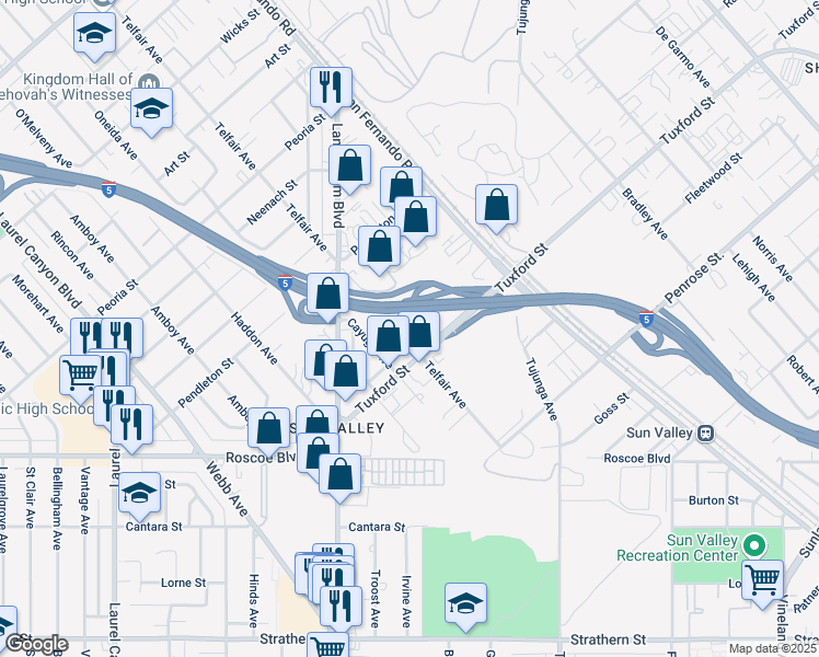map of restaurants, bars, coffee shops, grocery stores, and more near 11589 Tuxford Street in Los Angeles