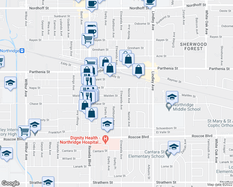 map of restaurants, bars, coffee shops, grocery stores, and more near 18334 Malden Street in Los Angeles