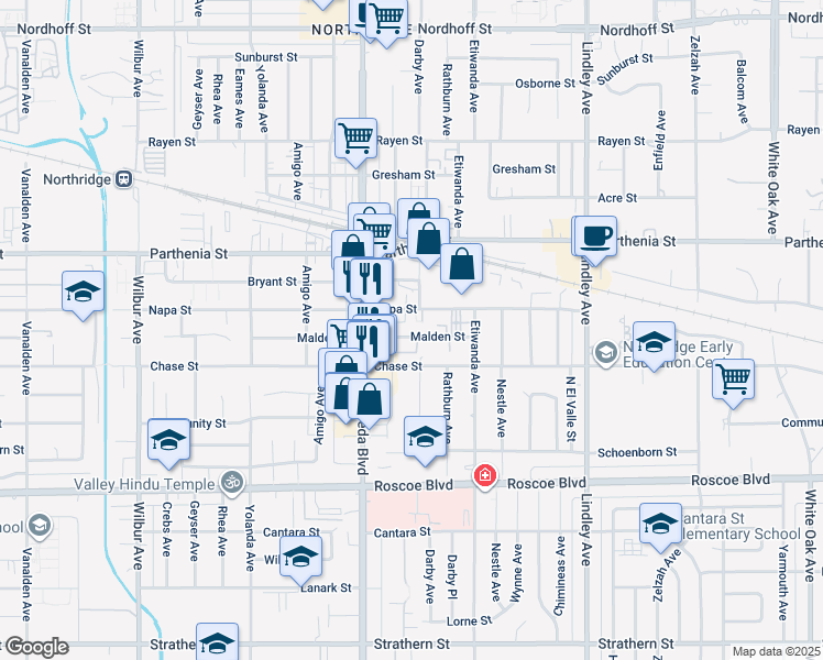map of restaurants, bars, coffee shops, grocery stores, and more near 18417 Malden Street in Los Angeles