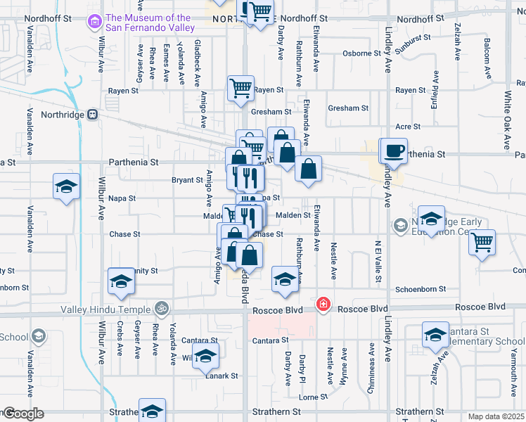 map of restaurants, bars, coffee shops, grocery stores, and more near 18417 Malden Street in Los Angeles