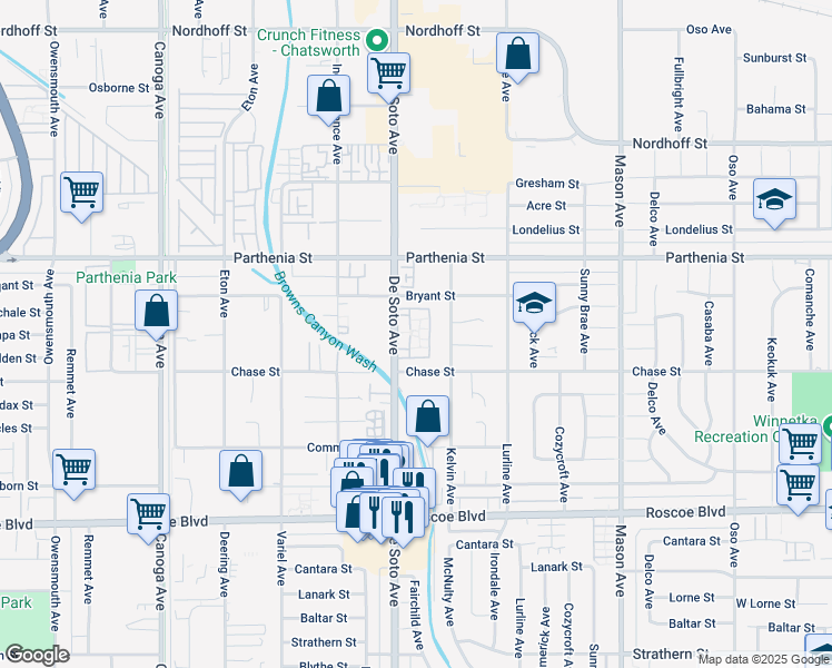 map of restaurants, bars, coffee shops, grocery stores, and more near 8524 De Soto Avenue in Los Angeles