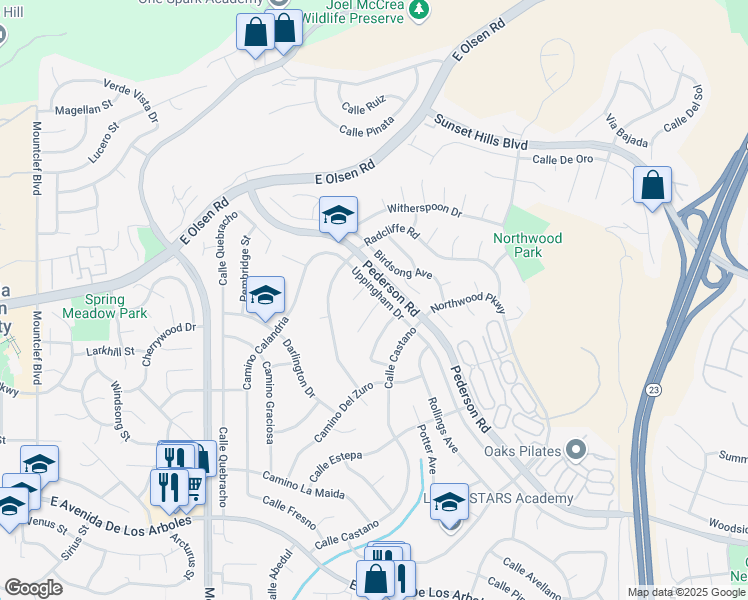 map of restaurants, bars, coffee shops, grocery stores, and more near 3283 Lanier Place in Thousand Oaks