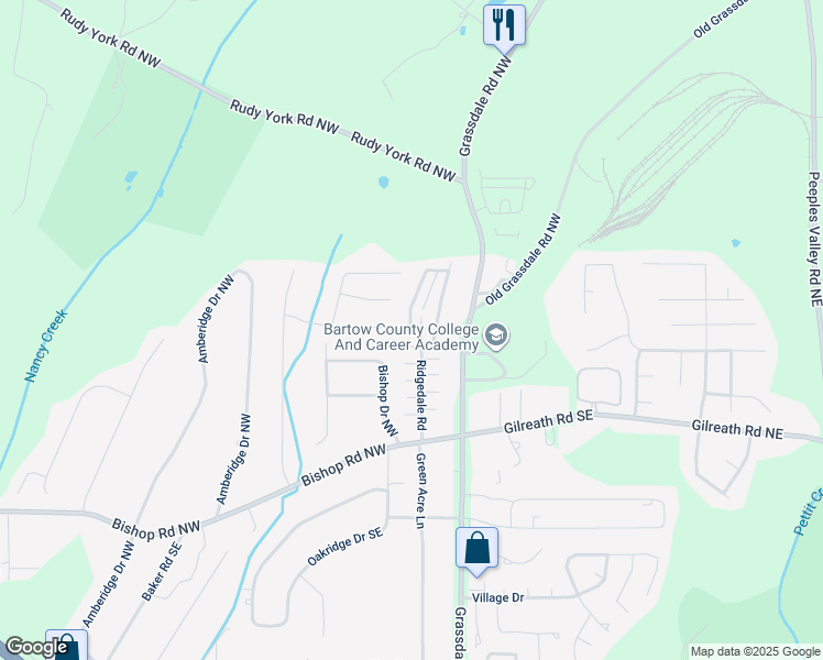 map of restaurants, bars, coffee shops, grocery stores, and more near 10 Jude Drive Northwest in Cartersville