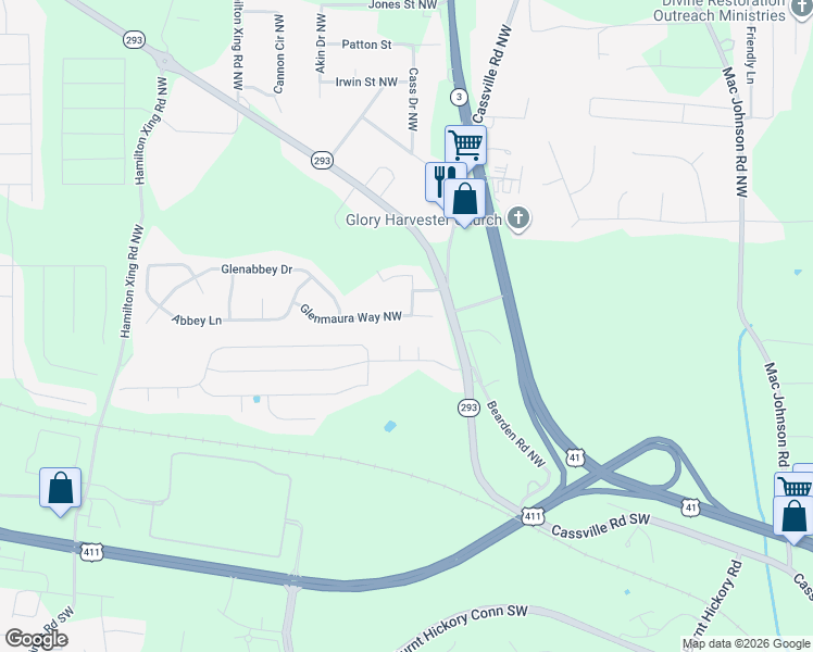 map of restaurants, bars, coffee shops, grocery stores, and more near 21 Glenmaura Way Northwest in Cartersville