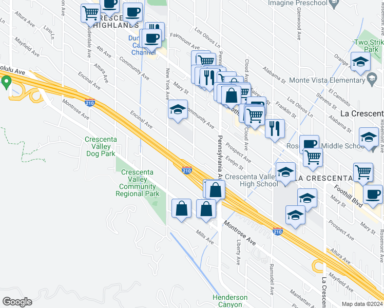 map of restaurants, bars, coffee shops, grocery stores, and more near 3309 Encinal Avenue in Glendale