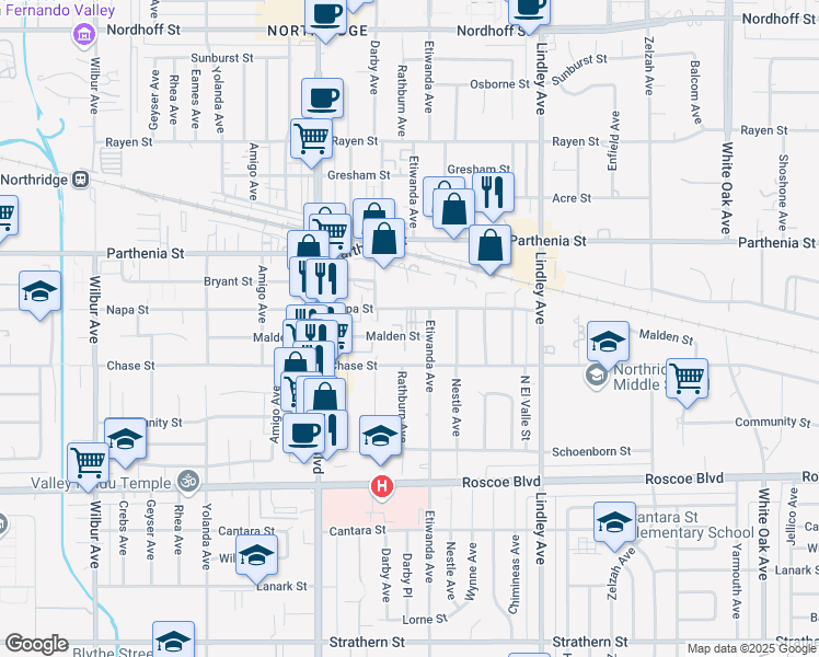 map of restaurants, bars, coffee shops, grocery stores, and more near 18321 Malden Street in Los Angeles