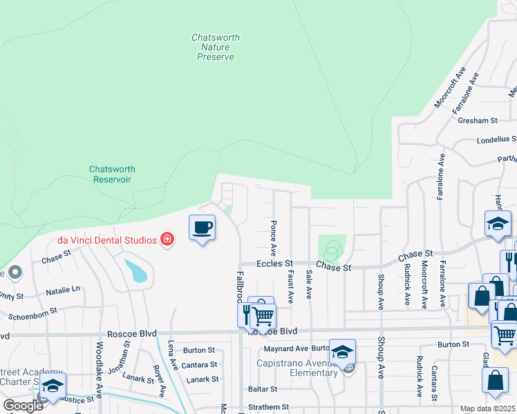 map of restaurants, bars, coffee shops, grocery stores, and more near 22720 Napa Street in Los Angeles