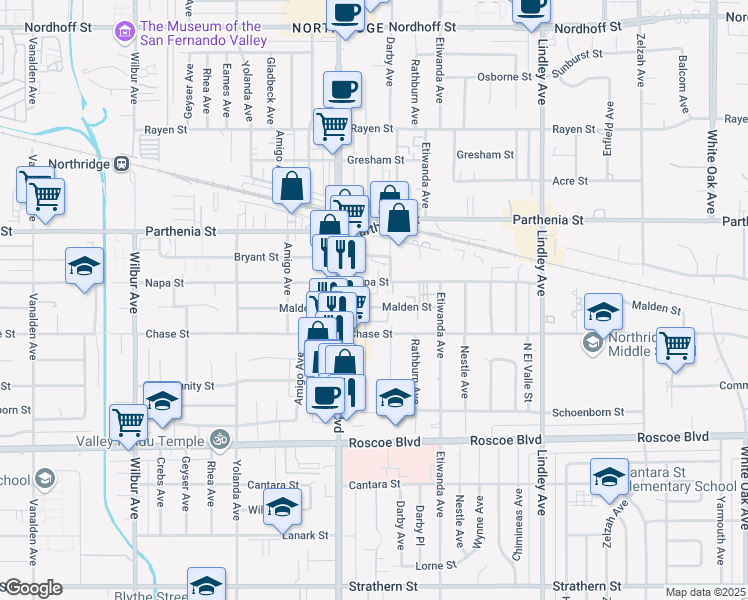 map of restaurants, bars, coffee shops, grocery stores, and more near 18417 Malden Street in Los Angeles
