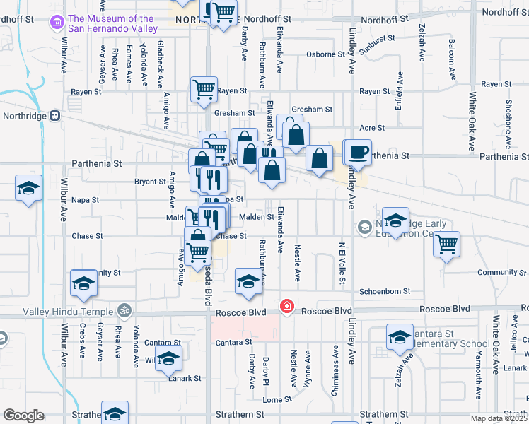 map of restaurants, bars, coffee shops, grocery stores, and more near 18321 Malden Street in Los Angeles