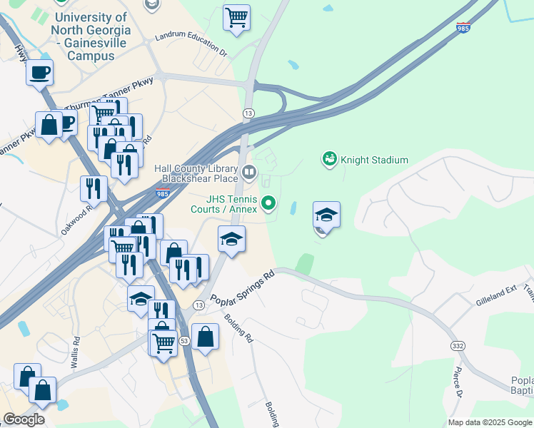map of restaurants, bars, coffee shops, grocery stores, and more near 3131 Robert Wood Johnson Drive in Gainesville