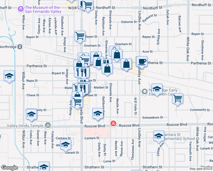 map of restaurants, bars, coffee shops, grocery stores, and more near 18315 Malden Street in Los Angeles