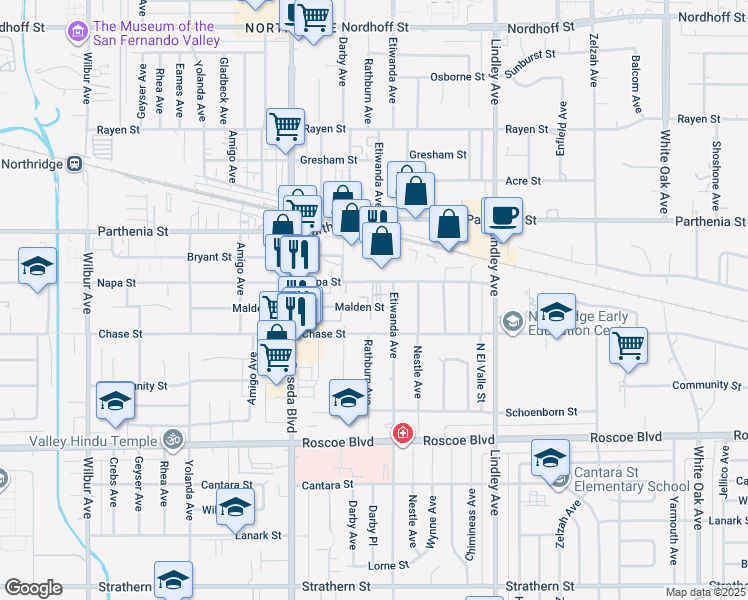 map of restaurants, bars, coffee shops, grocery stores, and more near 18321 Malden Street in Los Angeles