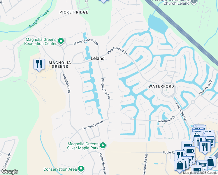 map of restaurants, bars, coffee shops, grocery stores, and more near Winding Trail Dr in Leland