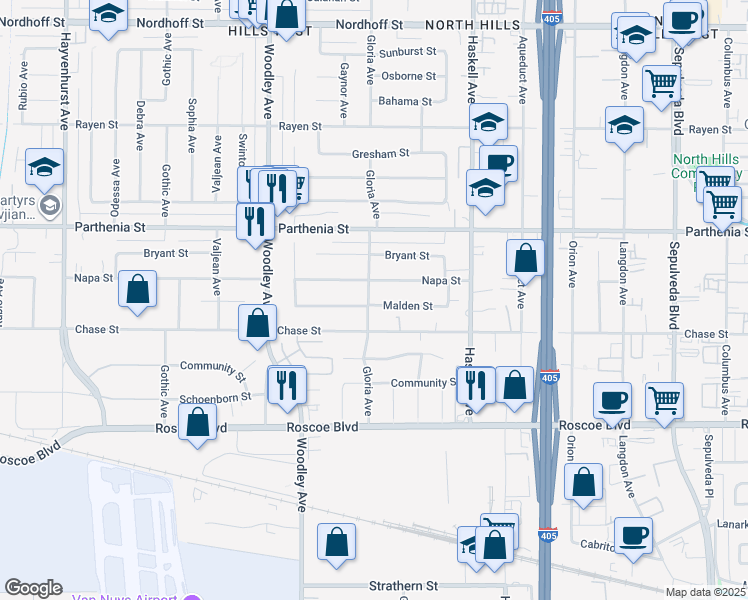 map of restaurants, bars, coffee shops, grocery stores, and more near 8534 Gloria Avenue in Los Angeles