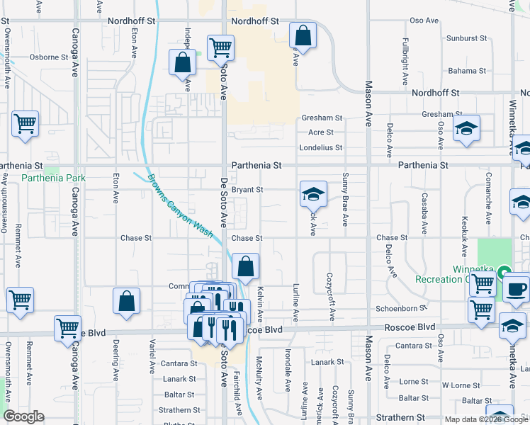 map of restaurants, bars, coffee shops, grocery stores, and more near 20737 Malden Street in Los Angeles