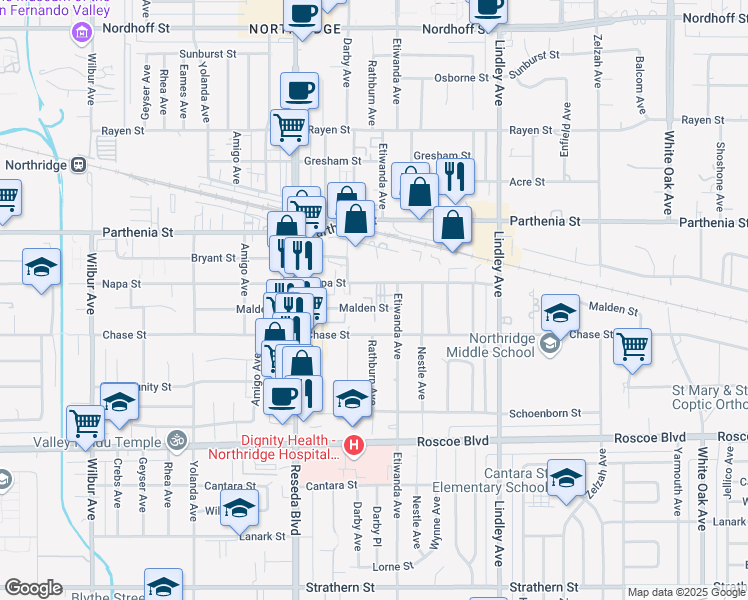map of restaurants, bars, coffee shops, grocery stores, and more near 18325 Malden Street in Los Angeles