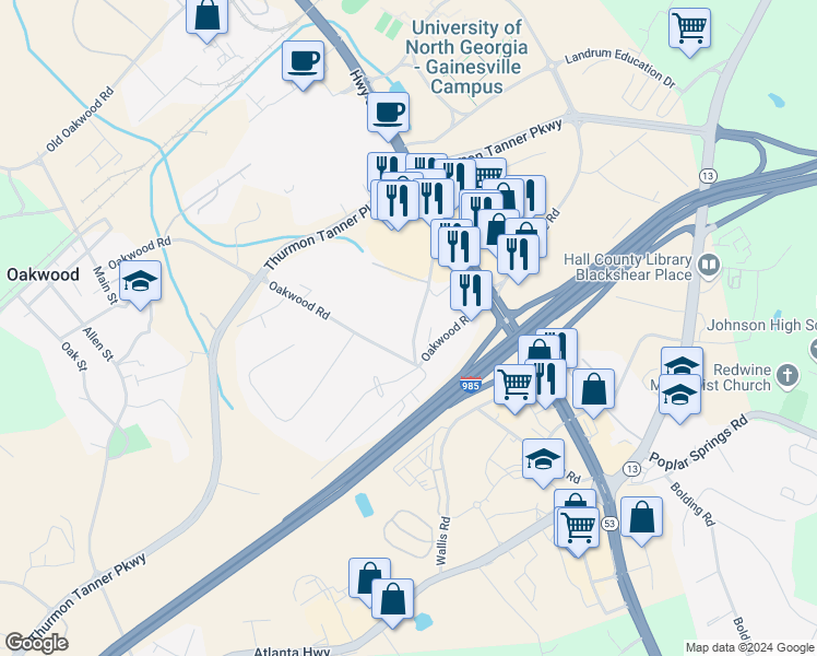 map of restaurants, bars, coffee shops, grocery stores, and more near 3768 Mundy Mill Drive in Oakwood
