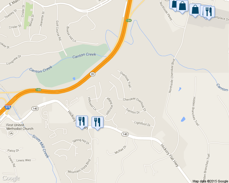 map of restaurants, bars, coffee shops, grocery stores, and more near 3777 Cherokee Overlook Dr in Canton