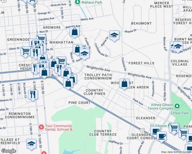 map of restaurants, bars, coffee shops, grocery stores, and more near 2312 Wrightsville Avenue in Wilmington