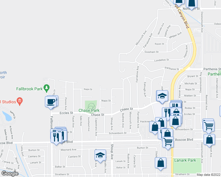 map of restaurants, bars, coffee shops, grocery stores, and more near 8547 Shoup Avenue in Los Angeles