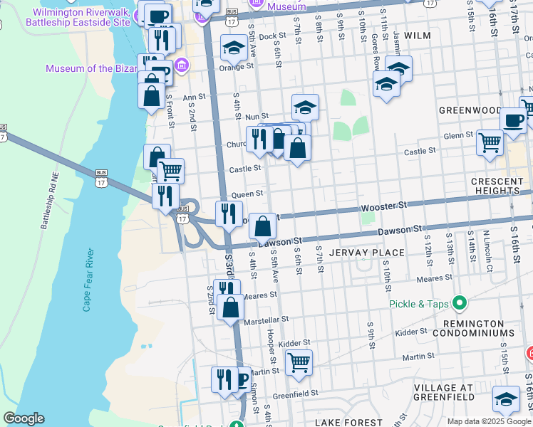 map of restaurants, bars, coffee shops, grocery stores, and more near 801 South 4th Street in Wilmington