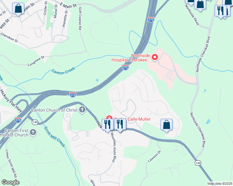 map of restaurants, bars, coffee shops, grocery stores, and more near 510 Hillcrest Cross Road in Canton