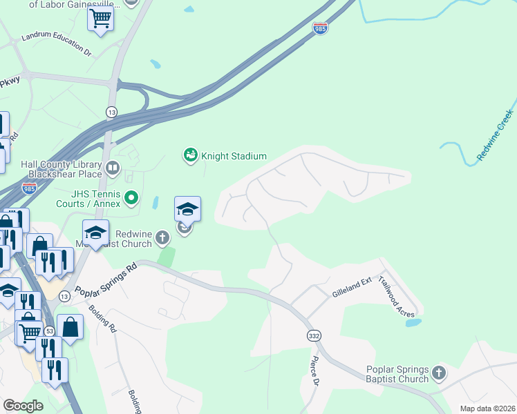 map of restaurants, bars, coffee shops, grocery stores, and more near 3560 Amberleigh Trace in Gainesville