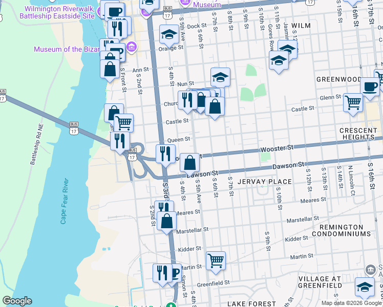 map of restaurants, bars, coffee shops, grocery stores, and more near 801 South 4th Street in Wilmington