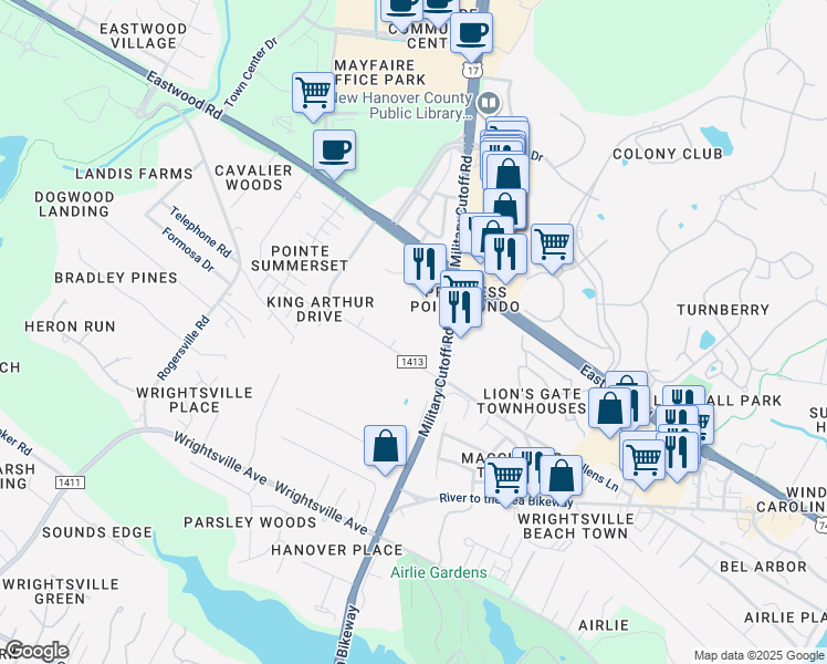 map of restaurants, bars, coffee shops, grocery stores, and more near 1600 Sturdivant Drive in Wilmington